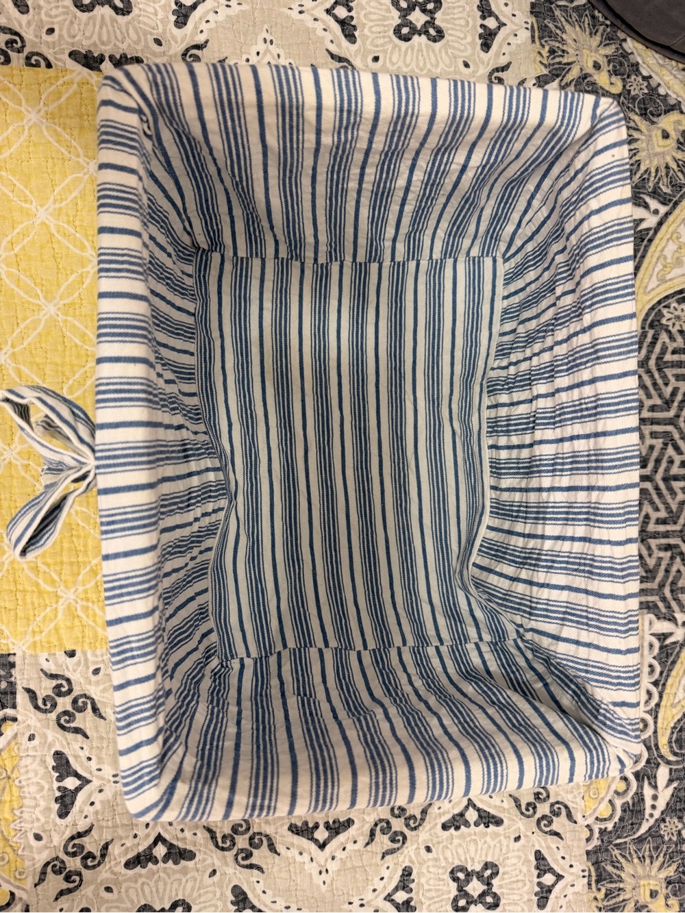 White Woven Wood Storage Basket with Blue Striped Fabric Liner